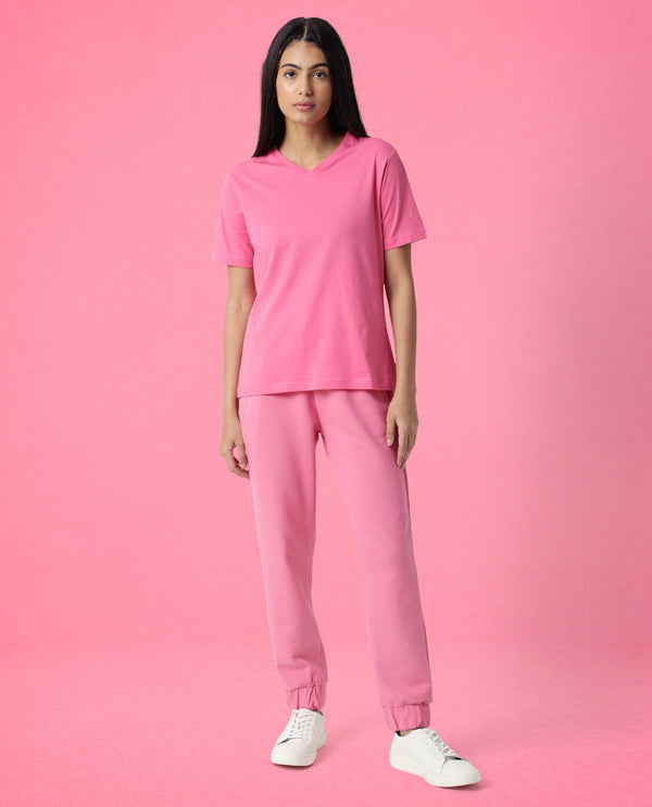 Rareism Women Arvi Flouroscent Pink Cotton Blend Fabric Regular Fit Half Sleeves Solid V-Neck T-Shirt
