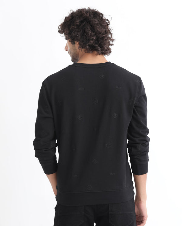 Rare Rabbit Men's Astrix Black Cotton Polyester Fabric Full Sleeves Embroidered Logo Graphic Print Sweatshirt
