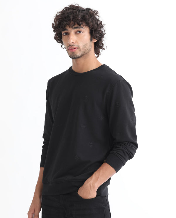 Rare Rabbit Men's Astrix Black Cotton Polyester Fabric Full Sleeves Embroidered Logo Graphic Print Sweatshirt