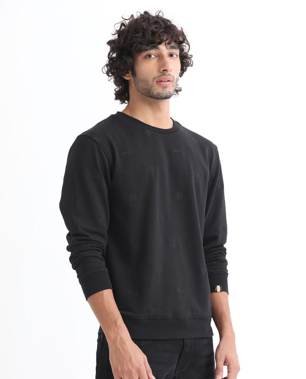 Rare Rabbit Men's Astrix Black Cotton Polyester Fabric Full Sleeves Embroidered Logo Graphic Print Sweatshirt