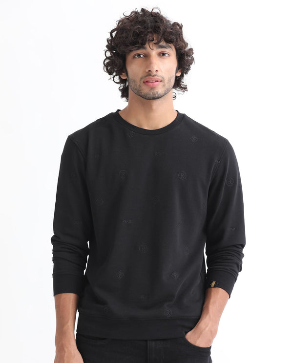 Rare Rabbit Men's Astrix Black Cotton Polyester Fabric Full Sleeves Embroidered Logo Graphic Print Sweatshirt