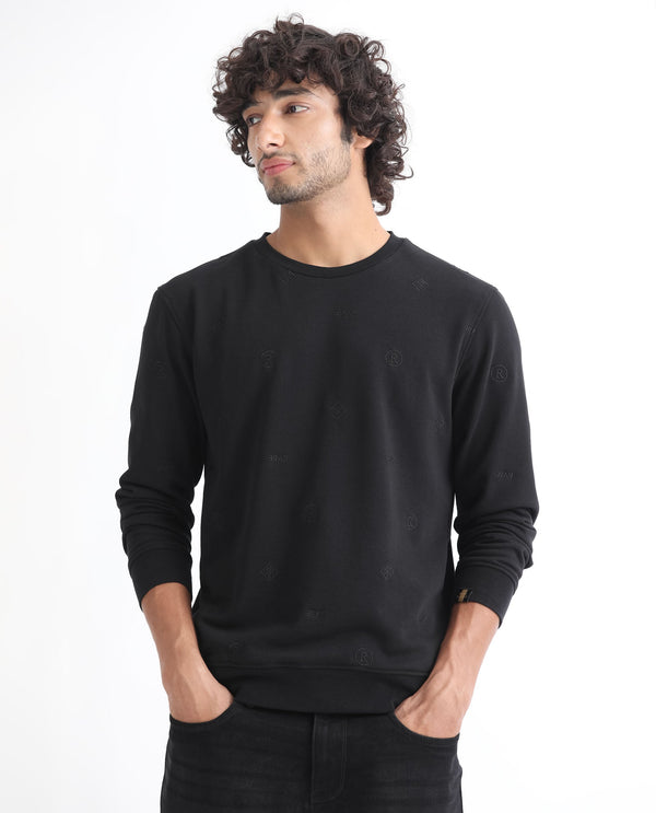 Rare Rabbit Men's Astrix Black Cotton Polyester Fabric Full Sleeves Embroidered Logo Graphic Print Sweatshirt