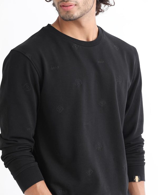 Rare Rabbit Men's Astrix Black Cotton Polyester Fabric Full Sleeves Embroidered Logo Graphic Print Sweatshirt