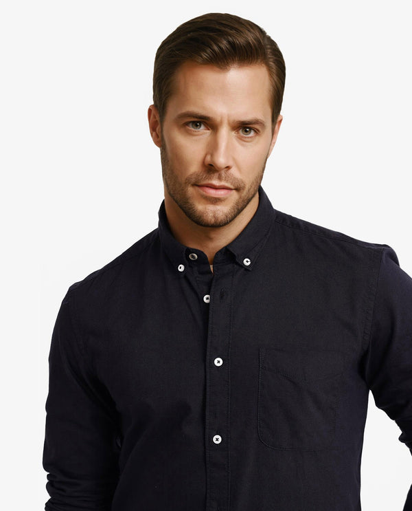 Rare Rabbit Men's Auxfo Black Cotton Fabric Full Sleeves Button Down Collar Solid Shirt