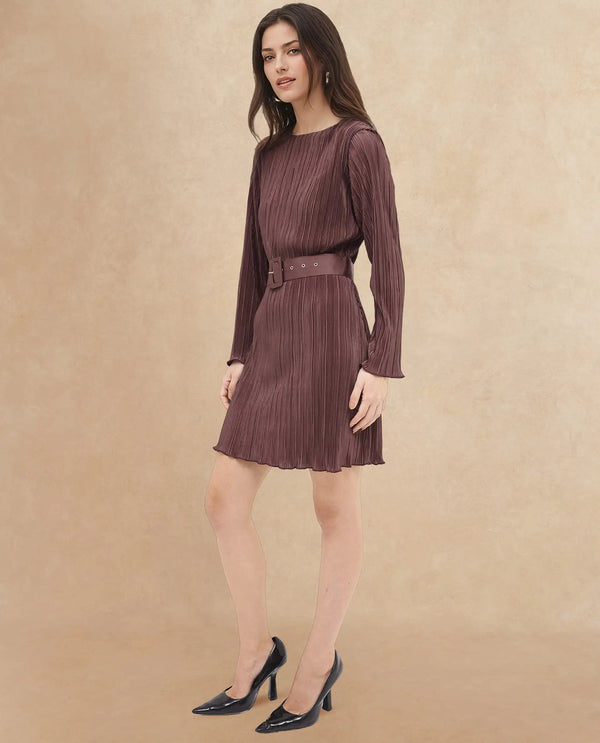 Rareism Womens Averna Brown Polyester Full Sleeve Dyed Pleated Mini Dress