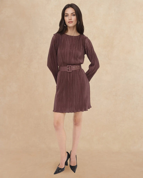 Rareism Womens Averna Brown Polyester Full Sleeve Dyed Pleated Mini Dress