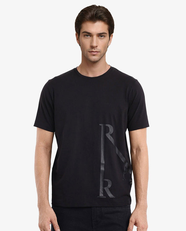 Rare Rabbit Men Ayden Black Cotton Lycra Fabric Short Sleeve Crew Neck Regular Fit Graphic Print T-Shirt