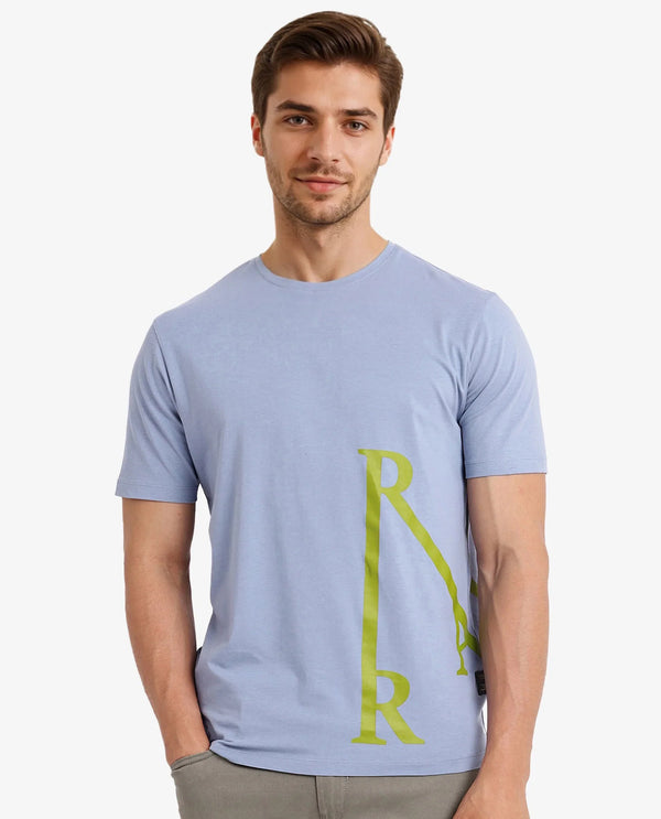 Rare Rabbit Men Ayden Light Blue Cotton Lycra Fabric Short Sleeve Crew Neck Regular Fit Graphic Print T-Shirt