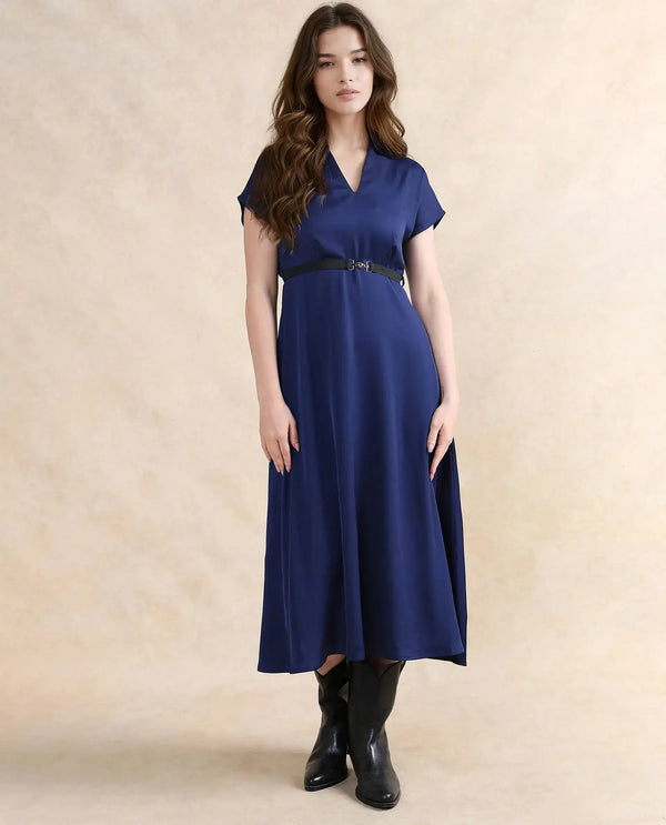 Rareism Women Azerbag Navy Satin Extended Sleeves V-Neck A-Line Midi Plain Dress