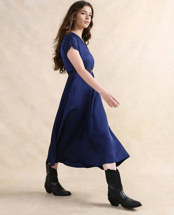 Rareism Women Azerbag Navy Satin Extended Sleeves V-Neck A-Line Midi Plain Dress
