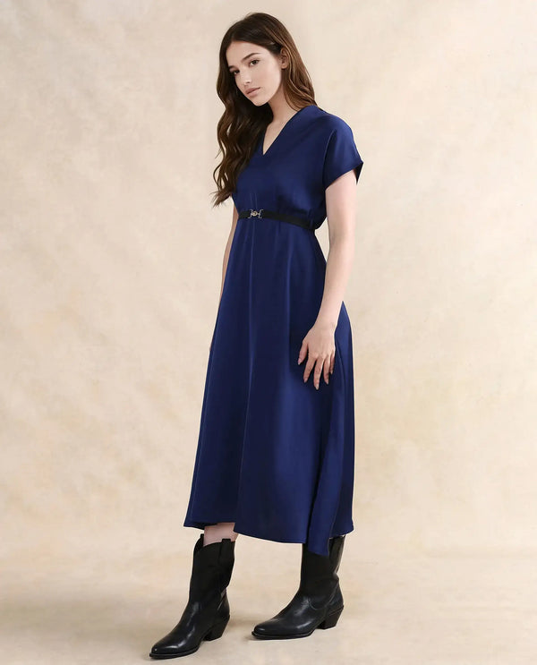 Rareism Women Azerbag Navy Satin Extended Sleeves V-Neck A-Line Midi Plain Dress