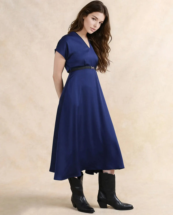 Rareism Women Azerbag Navy Satin Extended Sleeves V-Neck A-Line Midi Plain Dress