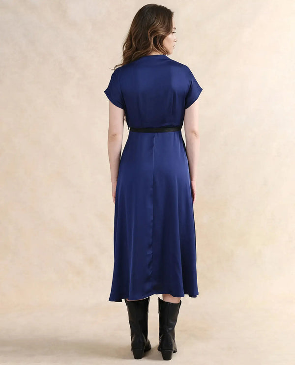 Rareism Women Azerbag Navy Satin Extended Sleeves V-Neck A-Line Midi Plain Dress