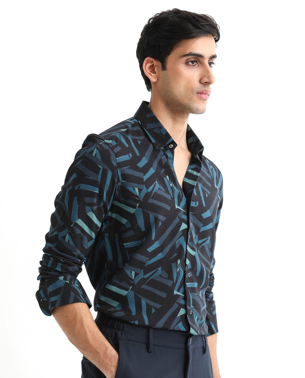 Rare Rabbit Men's Ballet Black Viscose Fabric Collared Neck Full Sleeves Abstract Print Shirt