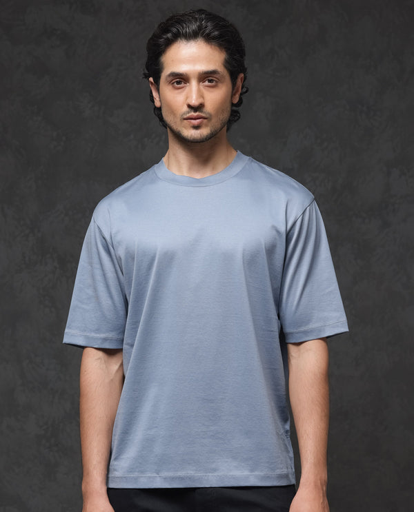 Rare Rabbit Mens Barcelon Dusky Blue Cotton Fabric Short Sleeves Oversized Fit Solid T-Shirt