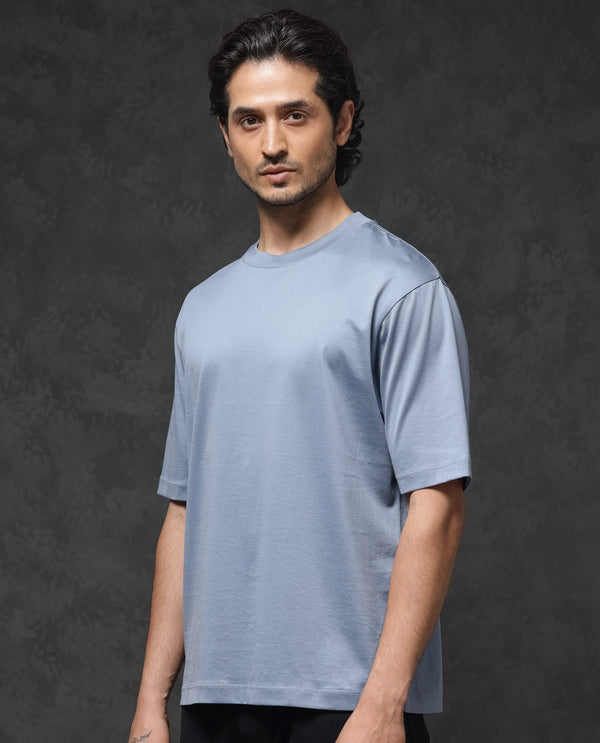 Rare Rabbit Mens Barcelon Dusky Blue Cotton Fabric Short Sleeves Oversized Fit Solid T-Shirt