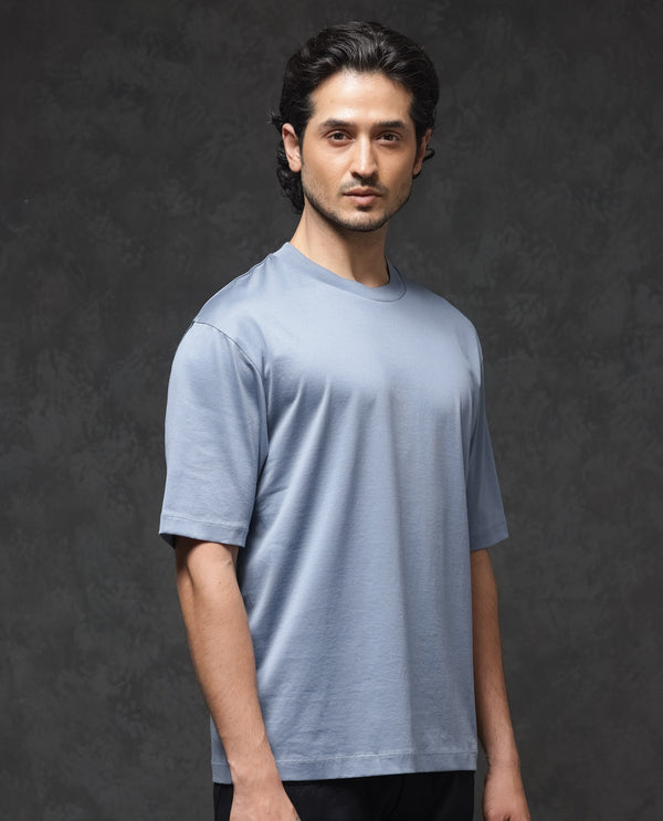 Rare Rabbit Mens Barcelon Dusky Blue Cotton Fabric Short Sleeves Oversized Fit Solid T-Shirt