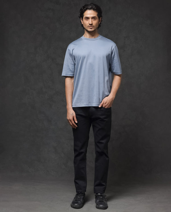 Rare Rabbit Mens Barcelon Dusky Blue Cotton Fabric Short Sleeves Oversized Fit Solid T-Shirt