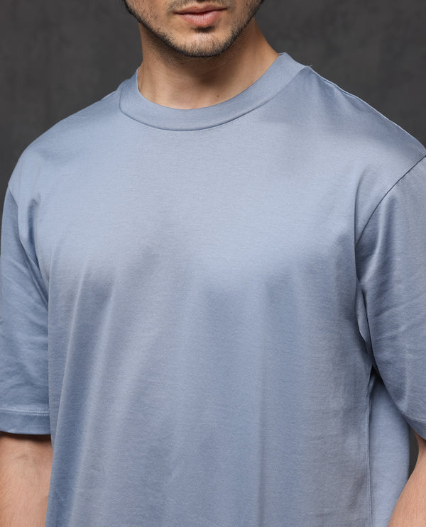 Rare Rabbit Mens Barcelon Dusky Blue Cotton Fabric Short Sleeves Oversized Fit Solid T-Shirt