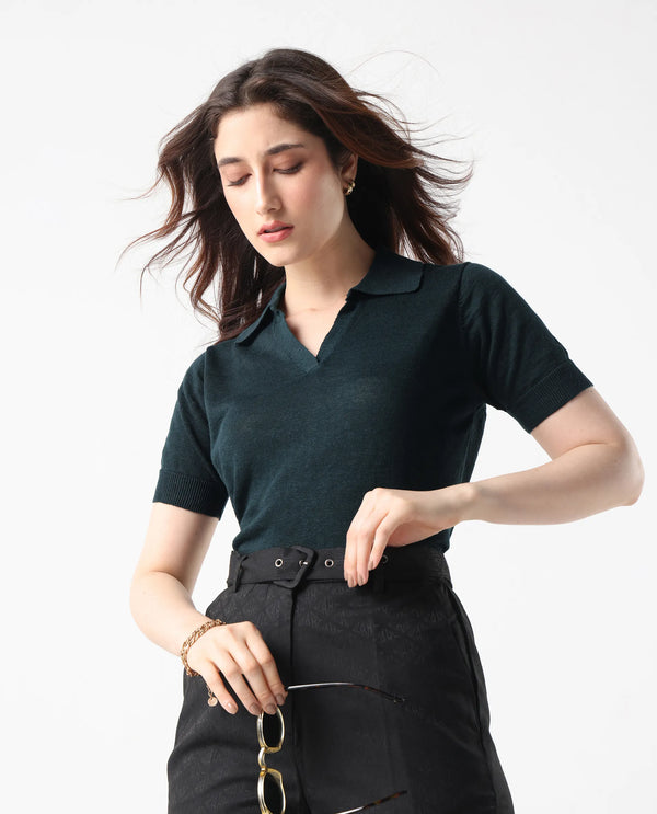 Rareism Women Basel Green Cotton Linen Fabric Short Sleeve Polo Collar Plain Polo