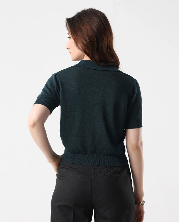 Rareism Women Basel Green Cotton Linen Fabric Short Sleeve Polo Collar Plain Polo