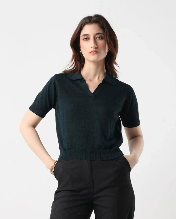 Rareism Women Basel Green Cotton Linen Fabric Short Sleeve Polo Collar Plain Polo