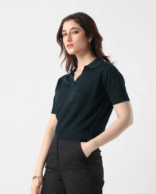 Rareism Women Basel Green Cotton Linen Fabric Short Sleeve Polo Collar Plain Polo