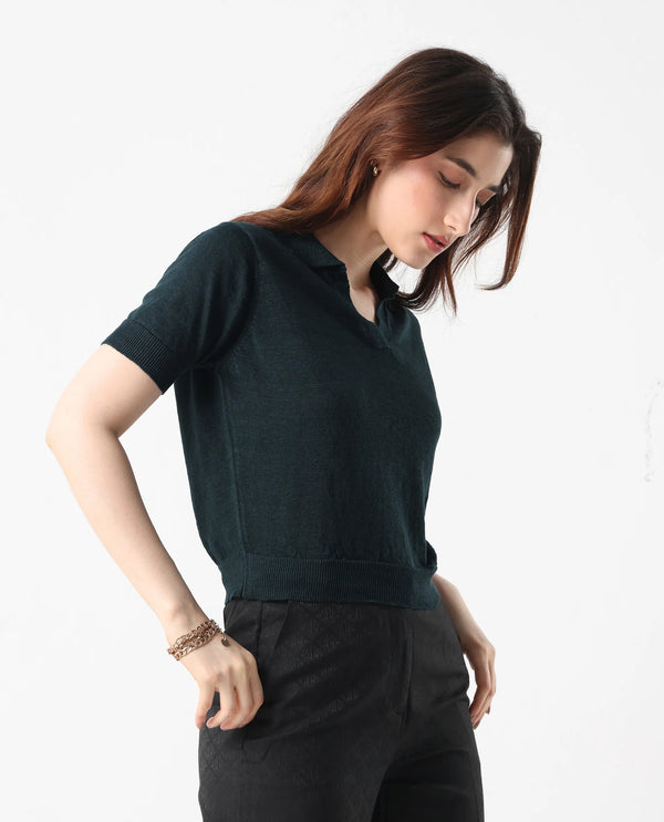 Rareism Women Basel Green Cotton Linen Fabric Short Sleeve Polo Collar Plain Polo