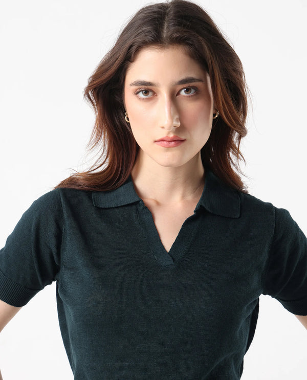 Rareism Women Basel Green Cotton Linen Fabric Short Sleeve Polo Collar Plain Polo