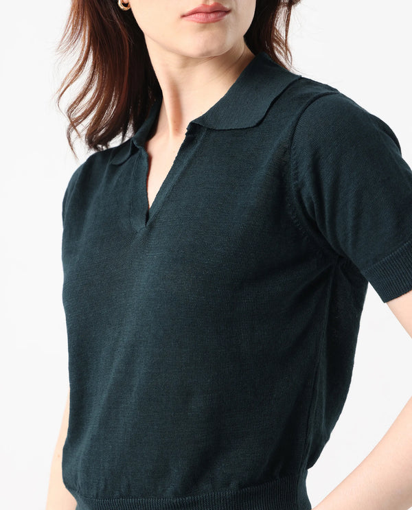 Rareism Women Basel Green Cotton Linen Fabric Short Sleeve Polo Collar Plain Polo