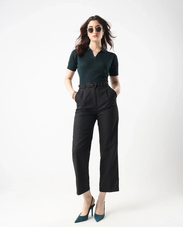 Rareism Women Basel Green Cotton Linen Fabric Short Sleeve Polo Collar Plain Polo