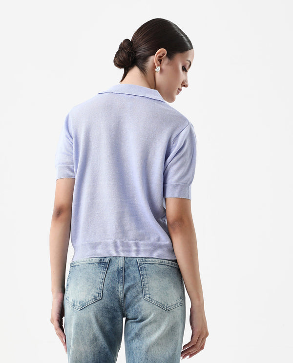 Rareism Women Basel Light Blue Cotton Linen Fabric Short Sleeve Polo Collar Plain Polo