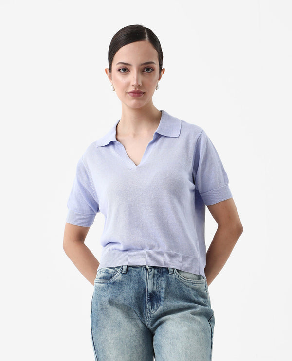 Rareism Women Basel Light Blue Cotton Linen Fabric Short Sleeve Polo Collar Plain Polo