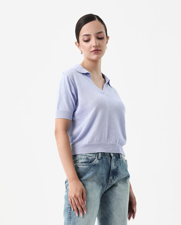 Rareism Women Basel Light Blue Cotton Linen Fabric Short Sleeve Polo Collar Plain Polo