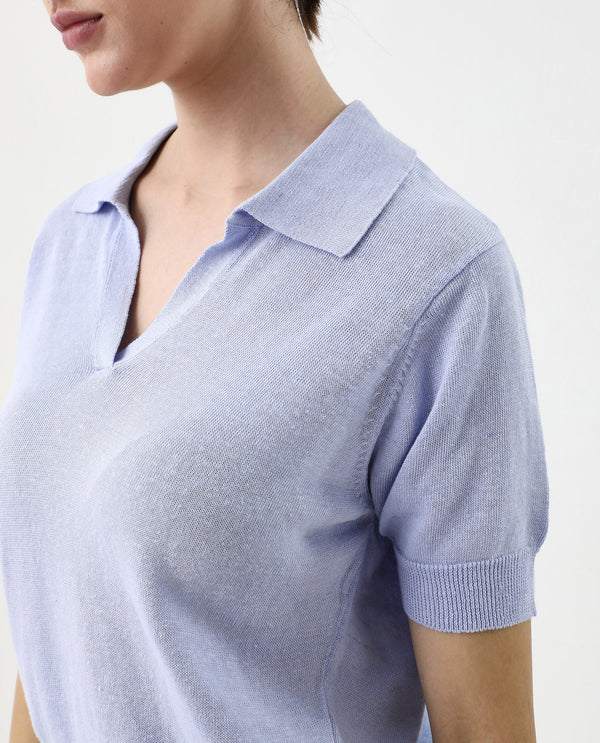 Rareism Women Basel Light Blue Cotton Linen Fabric Short Sleeve Polo Collar Plain Polo