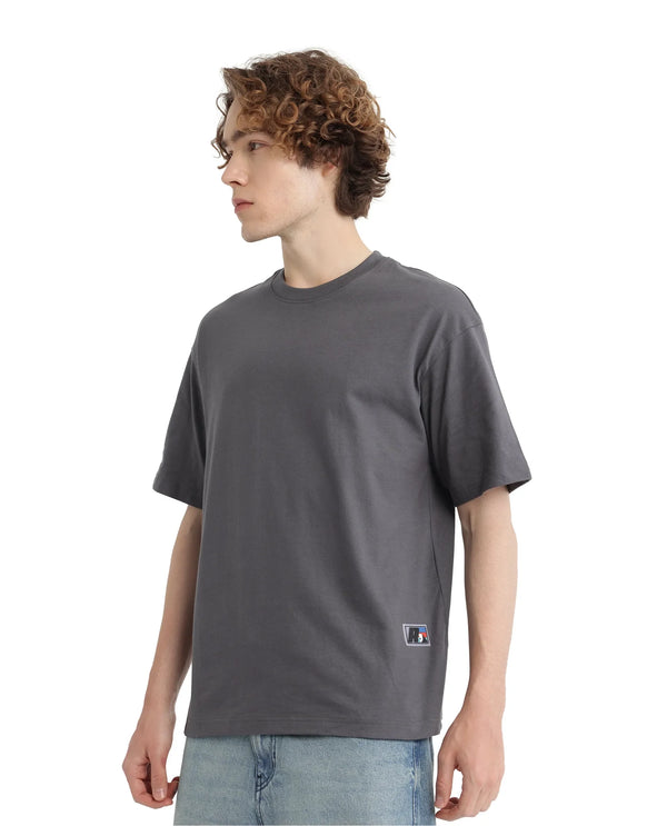 Rare Rabbit Men Belet Dark Grey Cotton Fabric Short Sleeve Crew Neck Oversized Fit HD Backprint with Label Details T-Shirt
