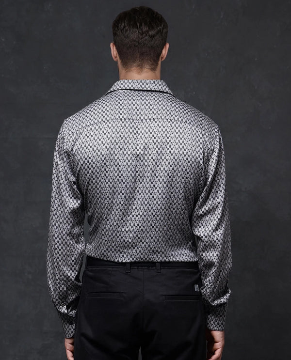 Rare Rabbit Men Benor Grey Cotton Modal Fabric Full Sleeve Regular Fit Abstract Print Satin Shirt