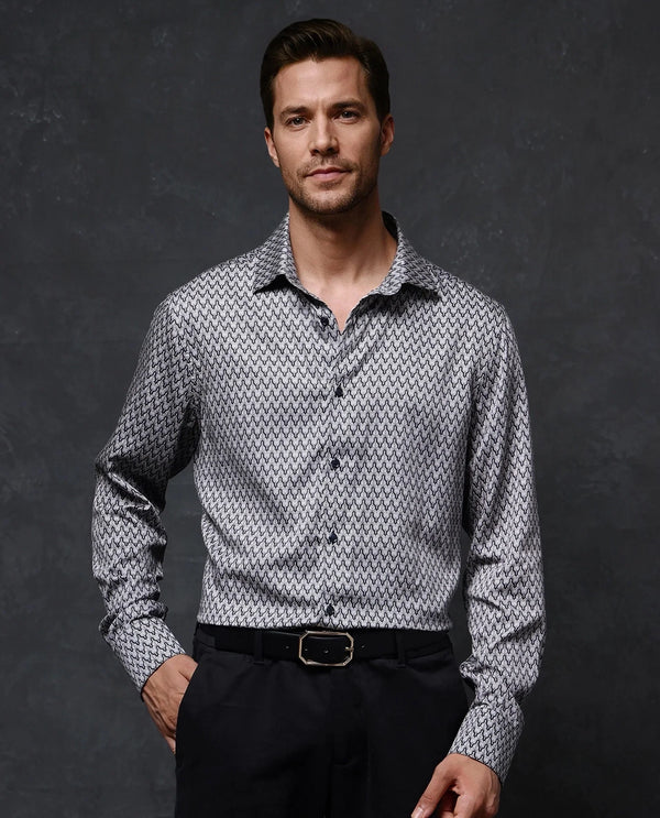 Rare Rabbit Men Benor Grey Cotton Modal Fabric Full Sleeve Regular Fit Abstract Print Satin Shirt