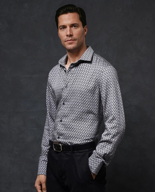 Rare Rabbit Men Benor Grey Cotton Modal Fabric Full Sleeve Regular Fit Abstract Print Satin Shirt