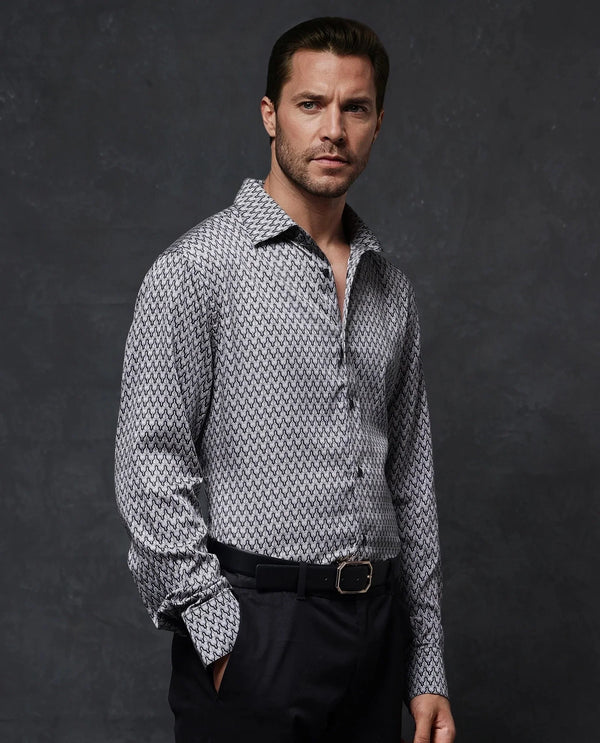 Rare Rabbit Men Benor Grey Cotton Modal Fabric Full Sleeve Regular Fit Abstract Print Satin Shirt