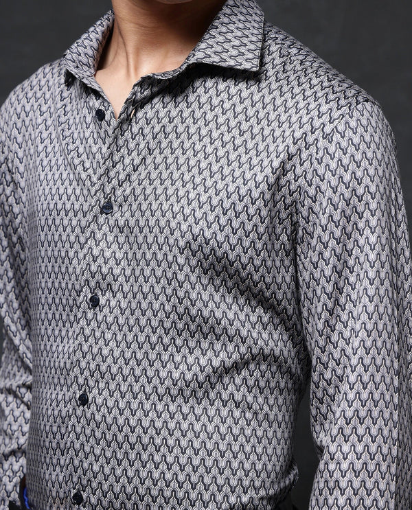 Rare Rabbit Men Benor Grey Cotton Modal Fabric Full Sleeve Regular Fit Abstract Print Satin Shirt