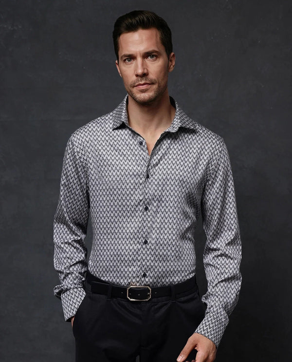 Rare Rabbit Men Benor Grey Cotton Modal Fabric Full Sleeve Regular Fit Abstract Print Satin Shirt