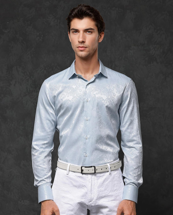 Rare Rabbit Mens Beran Pastel Blue Full Sleeve Paisley Print Jacquard Shirt