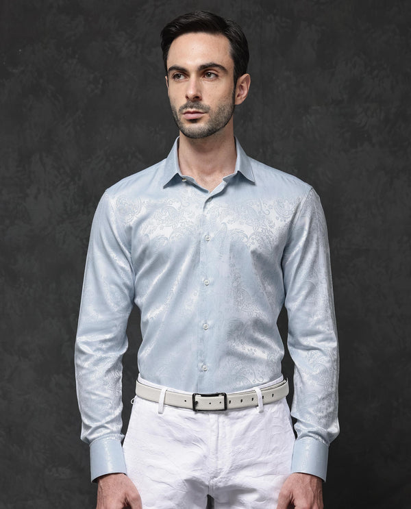 Rare Rabbit Mens Beran Pastel Blue Full Sleeve Paisley Print Jacquard Shirt