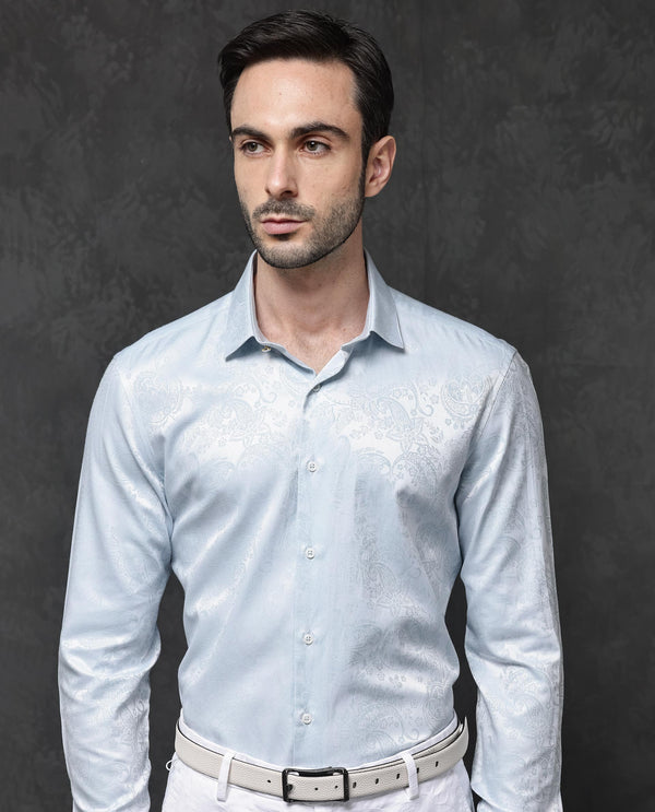 Rare Rabbit Mens Beran Pastel Blue Full Sleeve Paisley Print Jacquard Shirt