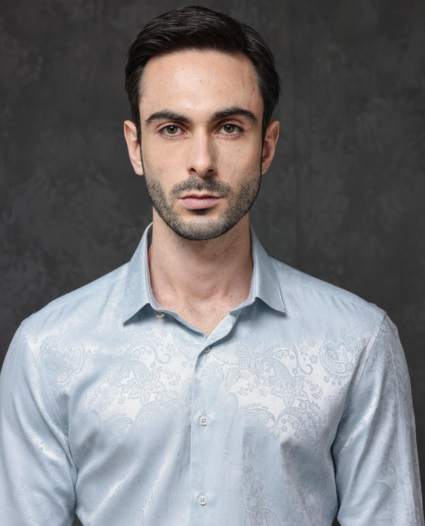 Rare Rabbit Mens Beran Pastel Blue Full Sleeve Paisley Print Jacquard Shirt