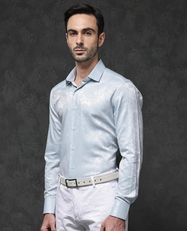 Rare Rabbit Mens Beran Pastel Blue Full Sleeve Paisley Print Jacquard Shirt