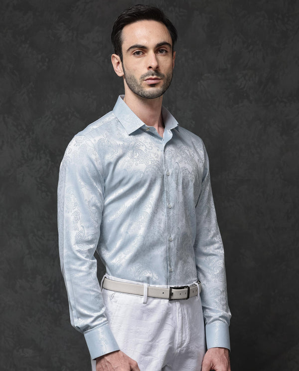 Rare Rabbit Mens Beran Pastel Blue Full Sleeve Paisley Print Jacquard Shirt