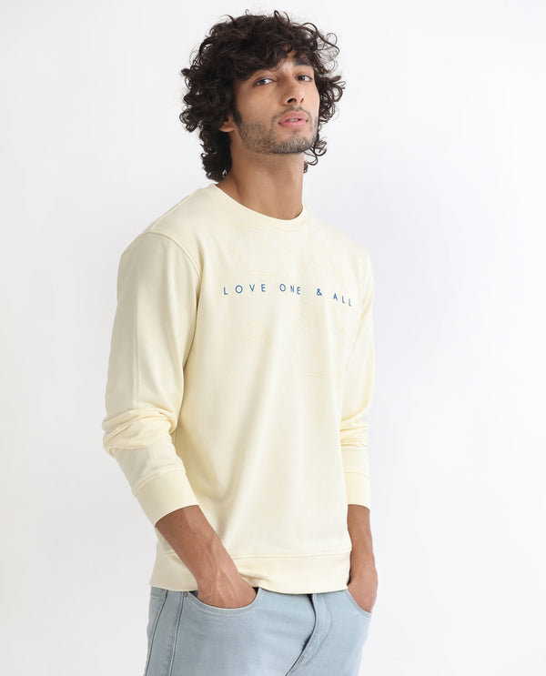 Rare Rabbit Men's Bermann Yellow Cotton Polyester Fabric Full Sleeves Graphic Printed Logo Sweatshirt