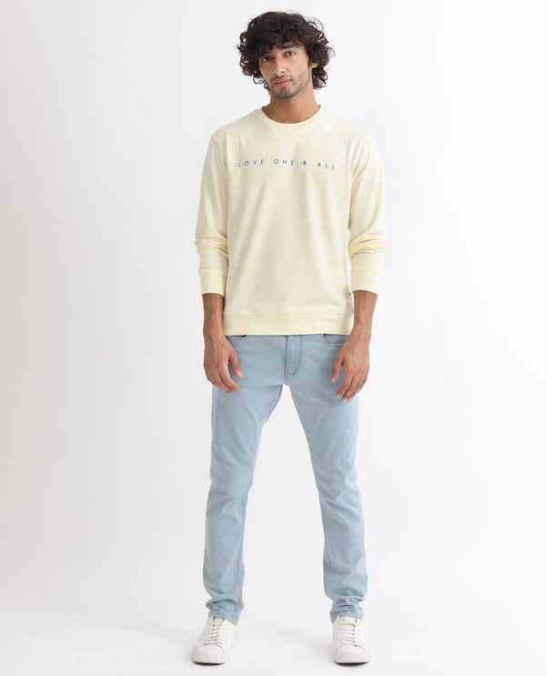 Rare Rabbit Men's Bermann Yellow Cotton Polyester Fabric Full Sleeves Graphic Printed Logo Sweatshirt